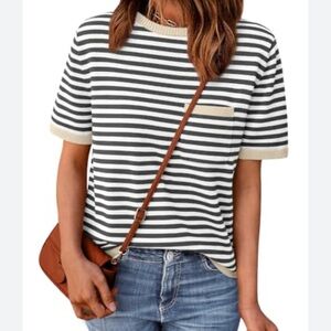 Striped  White and Dark Taupe Gray  Women's Knit Top  Size Large